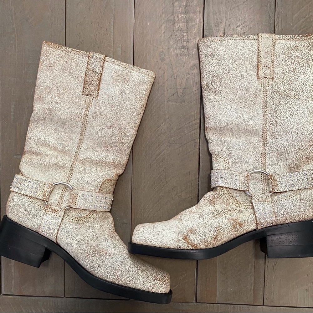 Penny Loves Kenny Cowboy Boots l White Leather MOTO Boots Women’s Size 9.5